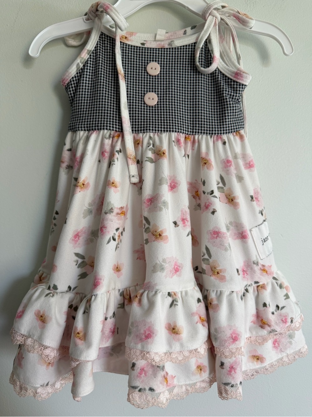 Jane + Jo Girls Floral Tie-Shoulder Sundress with Gingham Bodice - Pink